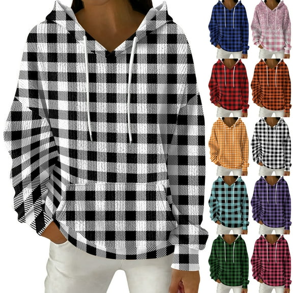 Women's Fashion Casual Plaid Print Pullover Long-Sleeve Hooded Sweatshirt, Trendy Fall Winter Fashion with Soft Fabric and Comfortable Fit for Casual Outings,Hot Pink,L