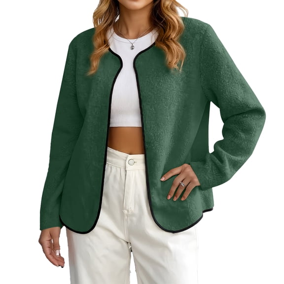 Women's Fashion Casual Plus Size Fleece Jacket - Long Sleeve, Solid Color, Dark Green, S