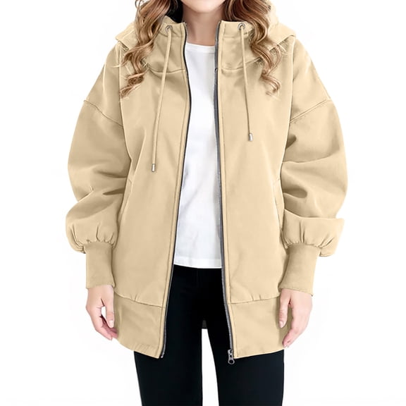 Women's Fashion Casual Plus Size Jacket - Hooded, Long Sleeve, Solid Color, Khaki, L