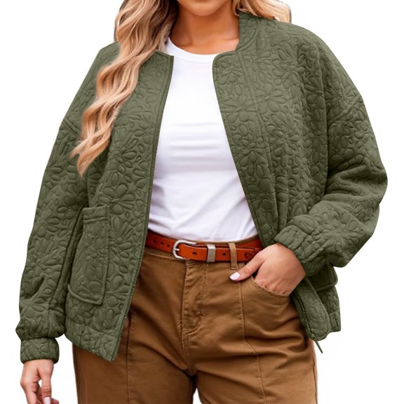 Women's Fashion Casual Plus Size Jacket - Long Sleeve, Solid Color, Green, XXXXL