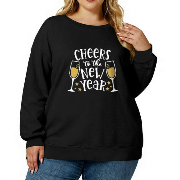 Women's Fashion Casual Plus Size Long Sleeve Pullover Printed Sweatshirt with CHEERS to the NEW YEAR Design for Celebration,Black,L
