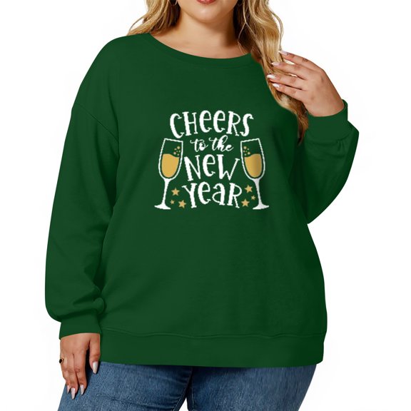Women's Fashion Casual Plus Size Long Sleeve Pullover Printed Sweatshirt with CHEERS to the NEW YEAR Design for Celebration,Green,L