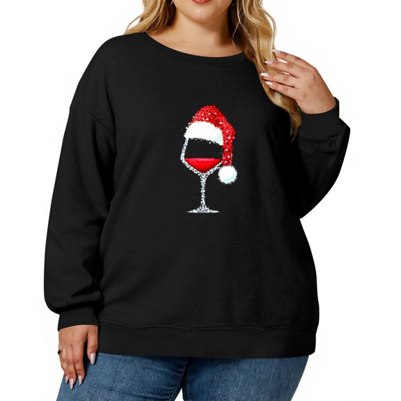 Women's Fashion Casual Plus Size Long Sleeve Pullover Printed Sweatshirt with Christmas Wine Glass Print for Party Wear,Black,L