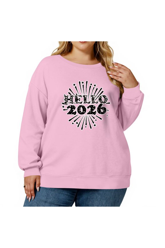 Women's Fashion Casual Plus Size Long Sleeve Pullover Printed Sweatshirt with HELLO Christmas 2026 New Year Print for Seasonal Fashion,Pink,L
