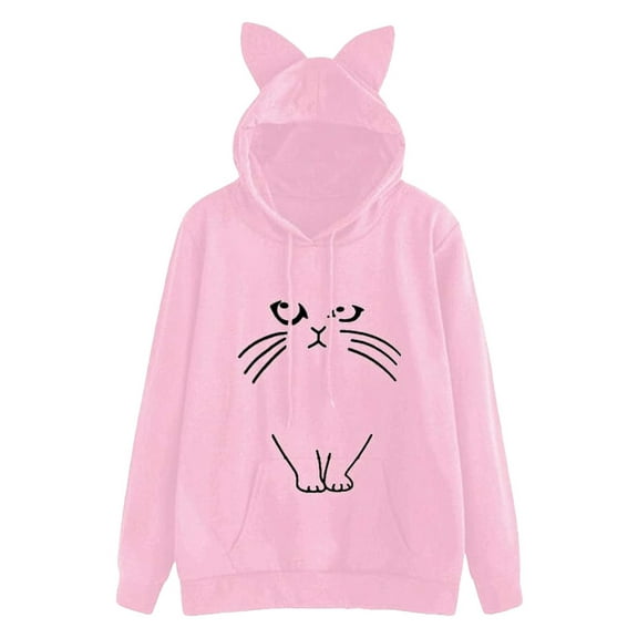 Women's Fashion Casual Popular Ears (Steamed Cat Ear Shaped Bread) Print Cat Hoodie Hoodie Front L Girl's Pullover Fall Hoodies for Women Lightweight Sweatshirts for Women Sweatshirts with Hoodies