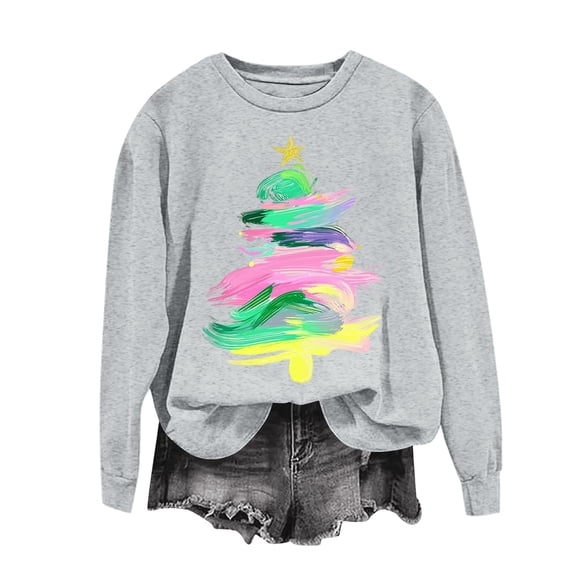 Women's Fashion Casual Print Casual Long Sleeve Round Neck Sweatshirt Top with Christmas Design for Holiday Season and Comfortable Wear,Light Gray,S