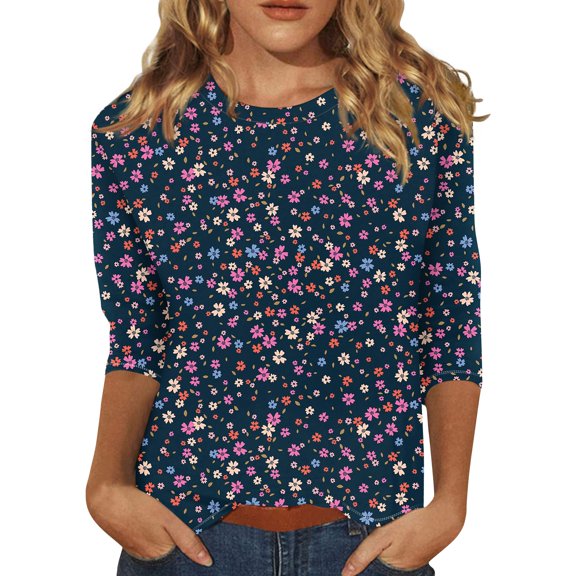 Women's Fashion Casual Print Round Neck Top with Vintage Artistic Print Three-Quarter Sleeve, Unique and Elegant Blouse for Retro Style Lovers,Navy,L