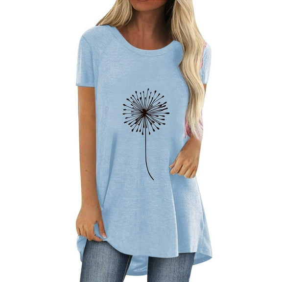 Women's Fashion Casual Printed Round Neck Short Sleeve Front Long Back T Shirt