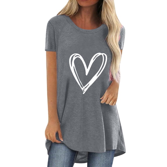 Women's Fashion Casual Printed Round Neck Short Sleeve Front Long Back T Shirt