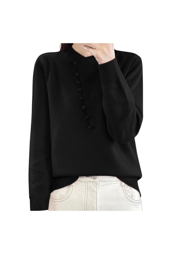 Women's Fashion Casual Pullover Knitted Sweater with Buttons, Solid Color Long Sleeves Top, Versatile and Comfortable Sweater for Daily Use, Easy Button Down Design for Women,Black,L