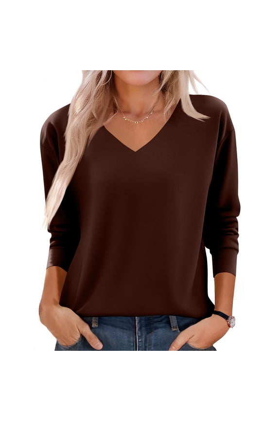 Women's Fashion Casual Pullovers Solid Colour Long Sleeve V Neck Fleece Loose Fit Thickened Warm Top