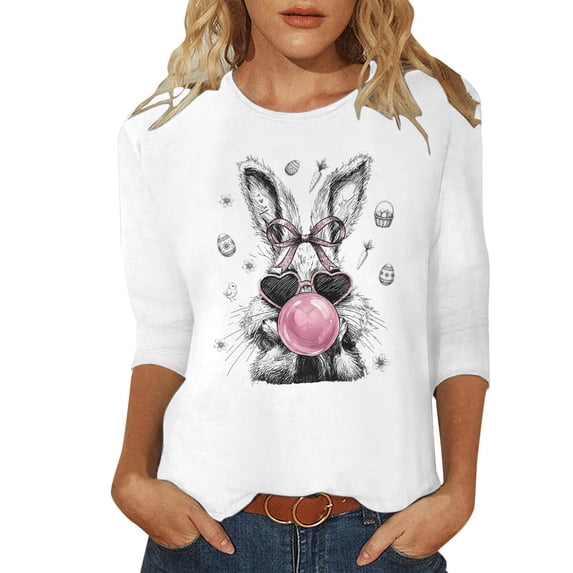 Women's Fashion Casual Rabbit Easter Print 3/4 Sleeve Top T-Shirt White XXL