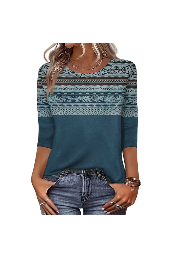 Women's Fashion Casual Round Neck 3/4 Sleeve Loose Printed T-Shirt Ladies Top with Retro Element Print, Vintage Style and Comfortable for Daily Casual Wear, Fashion Trends,Royal Blue,XL