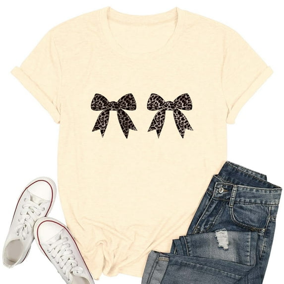 Women's Fashion Casual Round Neck Bow Printed T Shirt Top