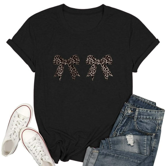 Women's Fashion Casual Round Neck Bow Printed T Shirt Top