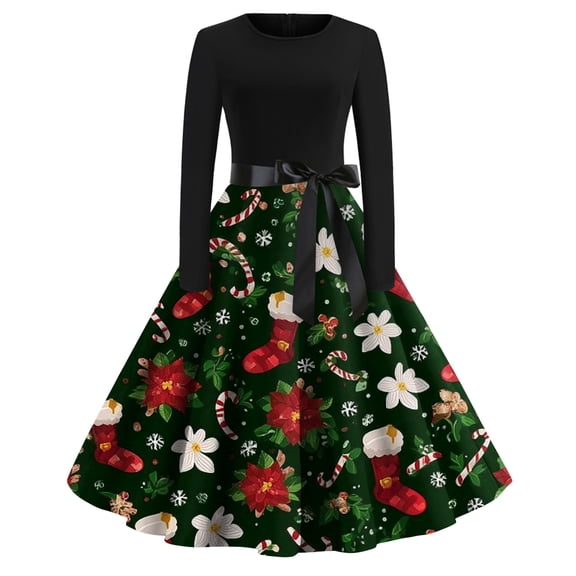 Women's Fashion Casual Round Neck Christmas Print Long Sleeve Dress for Holiday and Casual Occasions, Stylish Women's Everyday Dress with Festive Design,Dark Green,S