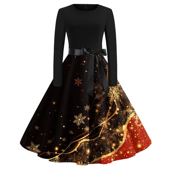 Women's Fashion Casual Round Neck Christmas Print Long Sleeve Dress for Holiday and Casual Occasions, Stylish Women's Everyday Dress with Festive Design,Deep Red,2XL