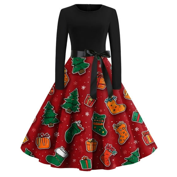Women's Fashion Casual Round Neck Christmas Print Long Sleeve Dress for Holiday and Casual Occasions, Stylish Women's Everyday Dress with Festive Design,Green,S