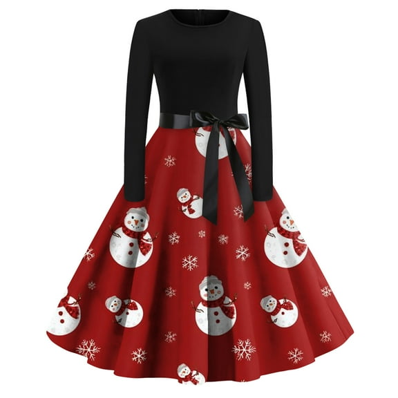 Women's Fashion Casual Round Neck Christmas Print Long Sleeve Dress for Holiday and Casual Occasions, Stylish Women's Everyday Dress with Festive Design,Watermelon Red,S