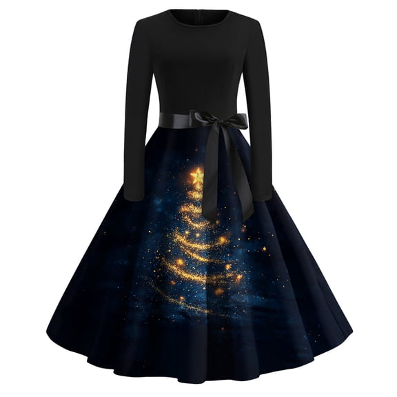 Women's Fashion Casual Round Neck Halloween Print Long Sleeve Dress for Holiday Parties and Everyday Wear, Comfortable Women's Casual Dress with Seasonal Design,Navy,XL