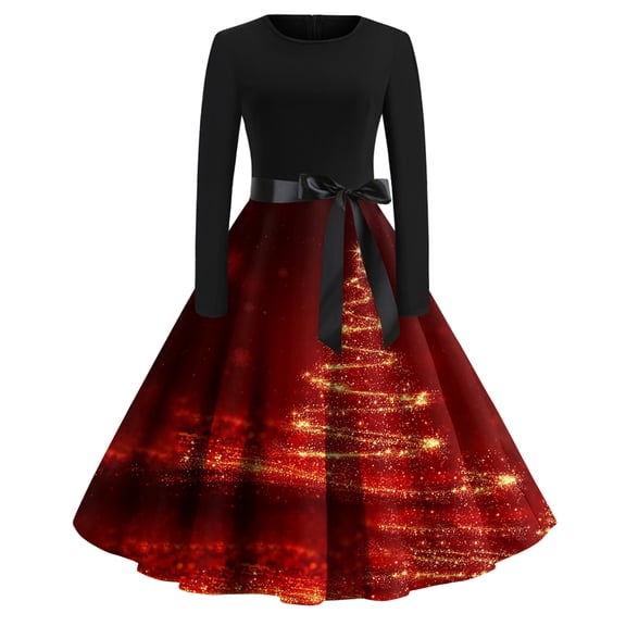 Women's Fashion Casual Round Neck Halloween Print Long Sleeve Dress for Holiday Parties and Everyday Wear, Comfortable Women's Casual Dress with Seasonal Design,Wine,XL