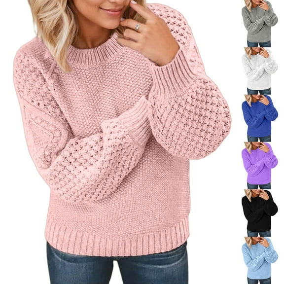 Women's Fashion Casual Round Neck Long Sleeve Cable Knit Sweater Top for Fall and Winter, Cozy and Classic, Perfect for Cool Weather,White,Size L