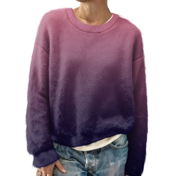 Women's Fashion Casual Round Neck Long Sleeve Top Printed Pullover Sweatshirt with Gradient Print for Stylish Wear,Dark Purple,L