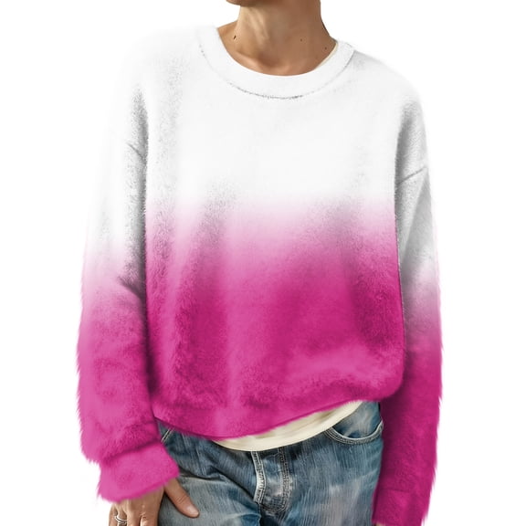 Women's Fashion Casual Round Neck Long Sleeve Top Printed Pullover Sweatshirt with Gradient Print for Stylish Wear,Hot Pink,L