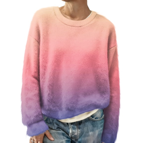 Women's Fashion Casual Round Neck Long Sleeve Top Printed Pullover Sweatshirt with Gradient Print for Stylish Wear,Purple Pink,S