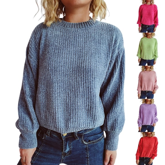 Women's Fashion Casual Round Neck Pullover Solid Color Long-sleeve Sweater Top for Fall and Winter, Comfortable and Stylish, Perfect for Daily Wear,Blue,Size M