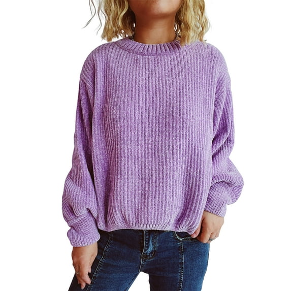 Women's Fashion Casual Round Neck Pullover Solid Color Long-sleeve Sweater Top for Everyday Style, Comfortable and Chic Top for Women,Purple,M