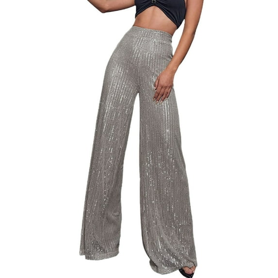Women's Fashion Casual Sequined Pants Sparkling Sequins High Waisted Wide Leg Flared Pants Flared Pants Nightclub Wear Grey XL
