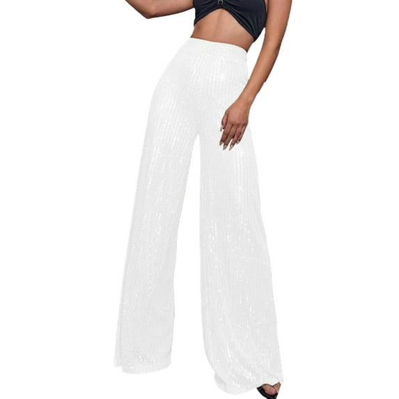 Women's Fashion Casual Sequined Pants Sparkling Sequins High Waisted Wide Leg Flared Pants Flared Pants Nightclub Wear White L