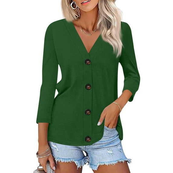 Women's Fashion Casual Short Cardigans Button-down Shirt Lightweight 3/4 Long Sleeve Solid Color Basic Tops