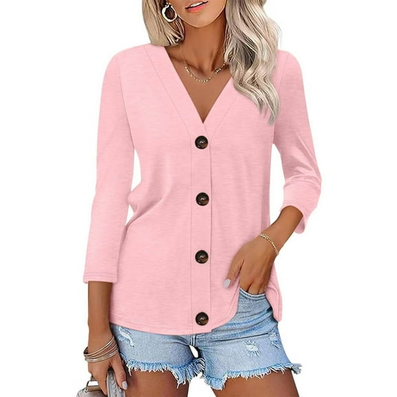 Women's Fashion Casual Short Cardigans Solid Color Button-down Shirt Lightweight 3/34 Sleeve Tops Jackets