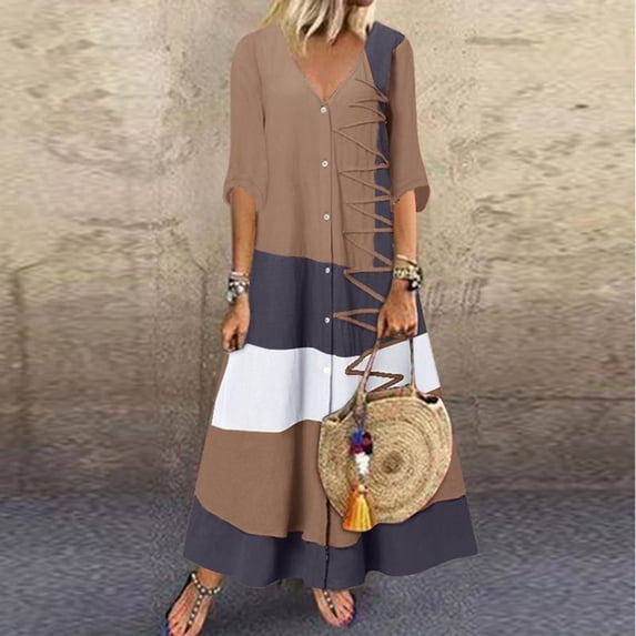 Women's Fashion Casual Short Sleeve V-Neck Button Print Maxi Loose Long Dress