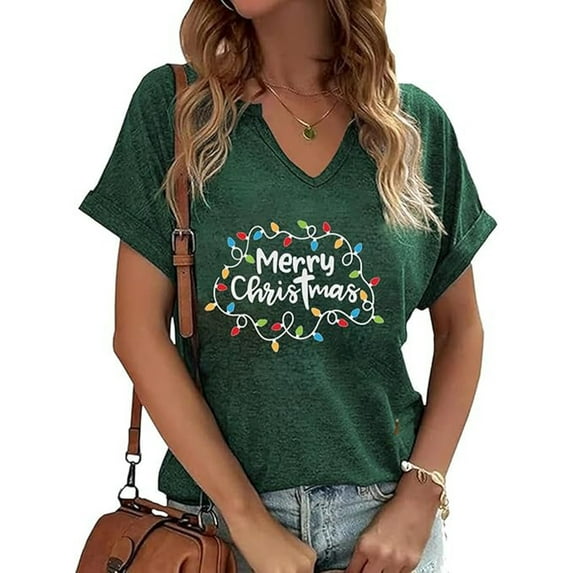 Women's Fashion Casual Short Sleeved Christmas Print V Neck T Shirt Top
