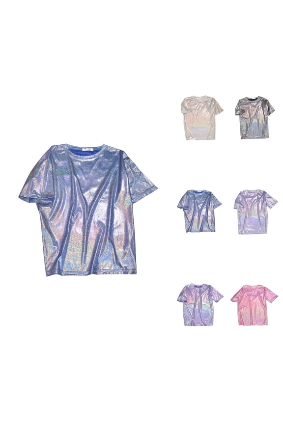 Women's Fashion Casual Silk Shiny Short Sleeve Round Neck T-Shirt, Large Size Summer Tops with Sequins, Halloween Rave Carnival Tees for Women 2025