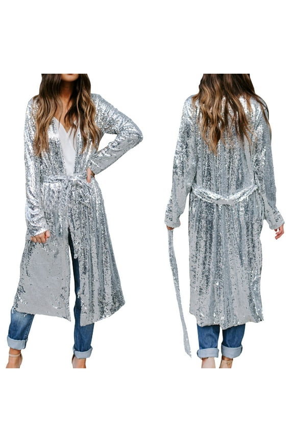 Women's Fashion Casual Silver Sequins Long Sleeve Long Button Belt Coat Cardigan Light Weight Sweaters Front Cardigan Junior Cardigans Long Sleeve over Size Cardigan Sweaters for Women Hooded Sweater