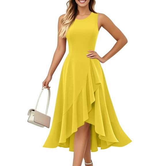 Women's Fashion Casual Sleeveless Round Neck Zip Solid Color Elegant Temperament Ruffles Dress, High Quality Material For Daily Comfort, Suitable For Party Daily And