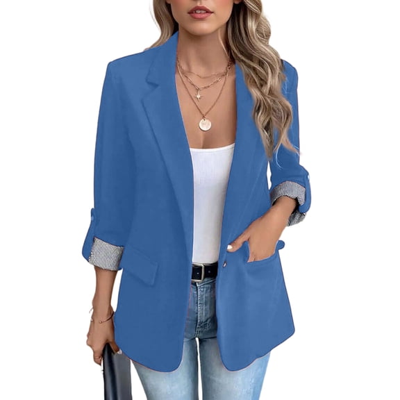 Women's Fashion Casual Slim Fit Three-quarter Rolled Sleeve Button Blazer, Blue, Size XL