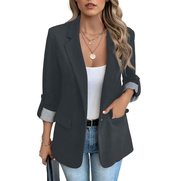 Women's Fashion Casual Slim Fit Three-quarter Rolled Sleeve Button Blazer, Dark Gray, Size XXL