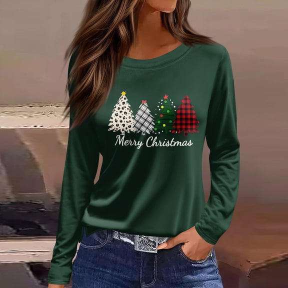 Women's Fashion Casual Slit Hem Round Neck Long Sleeve Loose Christmas Printed T-Shirt Top, Holiday Blouse, Side Vent Ladies Top,Army Green,S