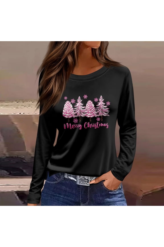 Women's Fashion Casual Slit Hem Round Neck Long Sleeve Loose Christmas Printed T-Shirt Top, Holiday Blouse, Side Vent Ladies Top,Multicolor,M
