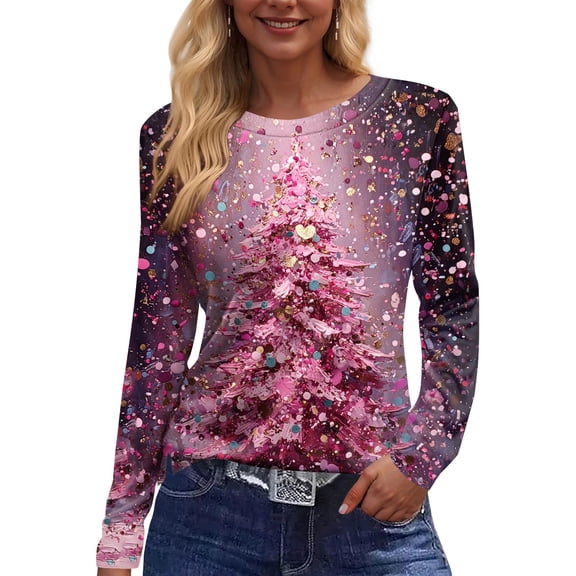 Women's Fashion Casual Slit Hem Round Neck Long Sleeve Loose Christmas Printed T-Shirt Top, Holiday Blouse, Side Vent Ladies Top,Pink,2XL