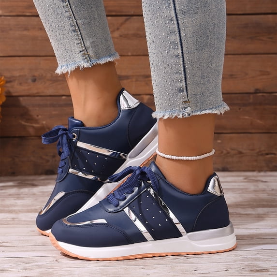 Women's Fashion Casual Sneakers, Lightweight Faux Leather Lace-Up Athletic Shoes with Metallic Trim for All Season Daily Comfort