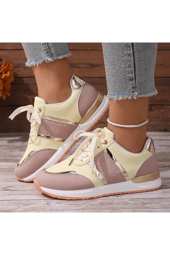 Women's Fashion Casual Sneakers, Lightweight Faux Leather Lace-Up Athletic Shoes with Metallic Trim for All Season Daily Comfort