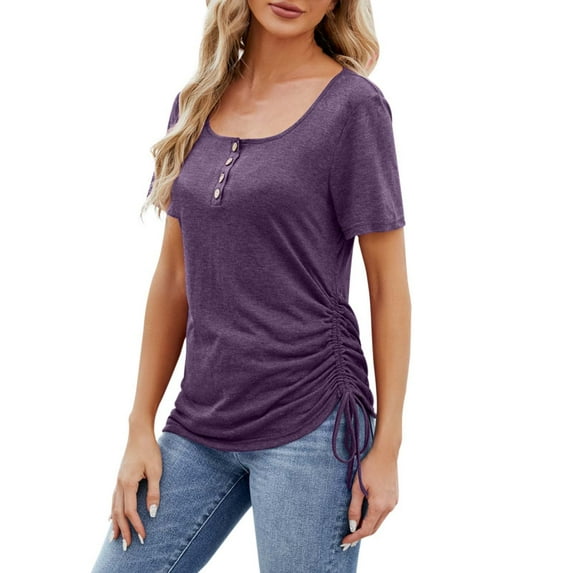 Women's Fashion Casual Solid Color Button U Neck Loose Short Sleeved Drawstring Top T Shirt