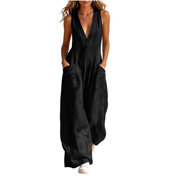 Women's Fashion Casual Solid Color Deep V Halter Neck Sleeveless Jumpsuit Ruched Detail Pockets Long Pants One Piece Black M(M)