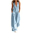 thumbnail image 1 of Women's Fashion Casual Solid Color Deep V Halter Neck Sleeveless Jumpsuit Ruched Detail Pockets Long Pants One Piece Light Blue XL(XL), 1 of 7